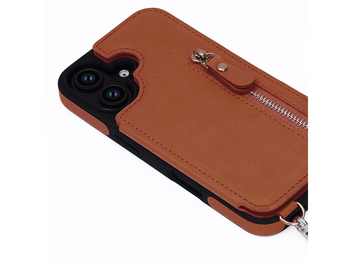 CaseMania Crossbody Wallet Case met Koord - iPhone 16 Hoesje Cognac