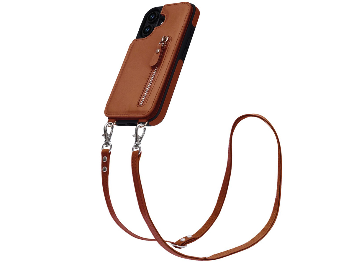 CaseMania Crossbody Wallet Case met Koord - iPhone 16 Hoesje Cognac