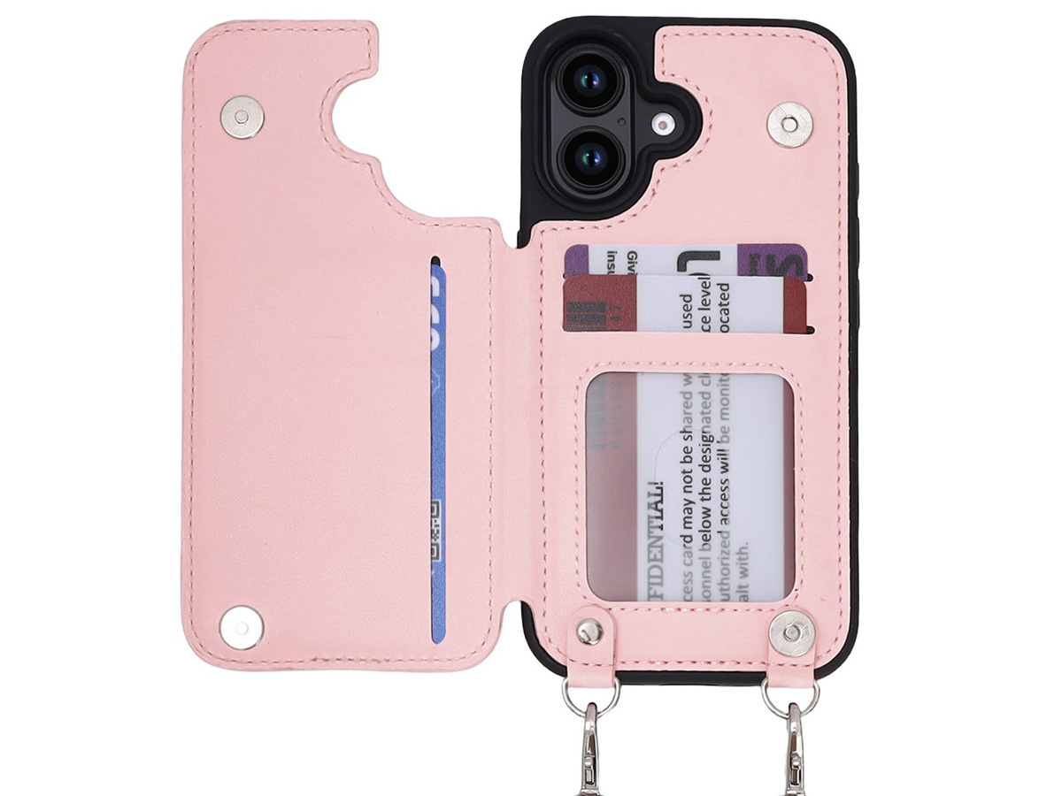 CaseMania Crossbody Wallet Case met Koord - iPhone 16 Hoesje Roze