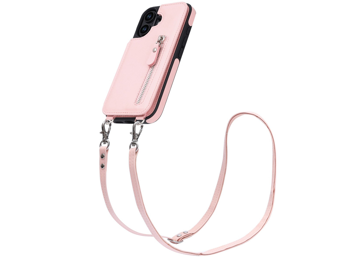 CaseMania Crossbody Wallet Case met Koord - iPhone 16 Hoesje Roze