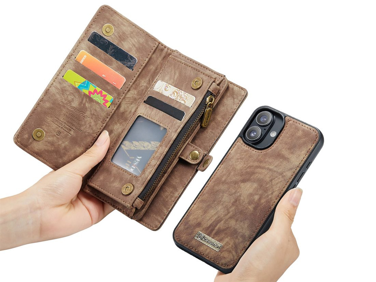 CaseMe 2in1 Wallet Case met Ritsvak Bruin - iPhone 16 Hoesje