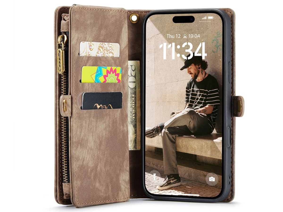 CaseMe 2in1 Wallet Case met Ritsvak Bruin - iPhone 16 Hoesje