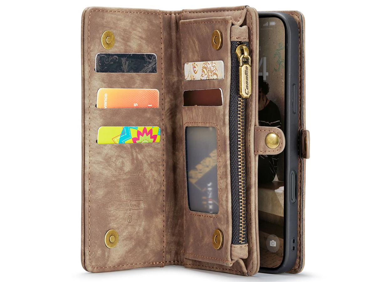 CaseMe 2in1 Wallet Case met Ritsvak Bruin - iPhone 16 Hoesje