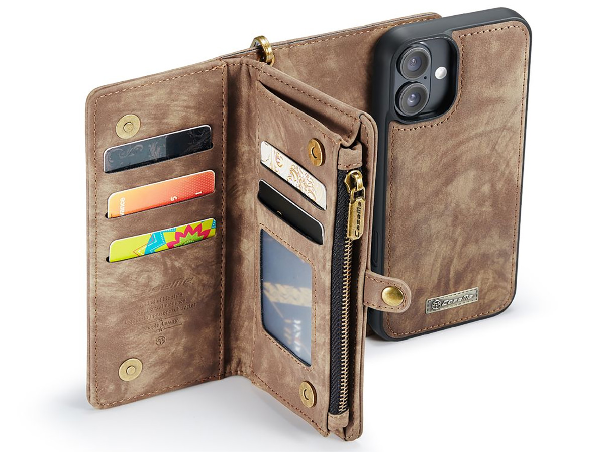 CaseMe 2in1 Wallet Case met Ritsvak Bruin - iPhone 16 Hoesje