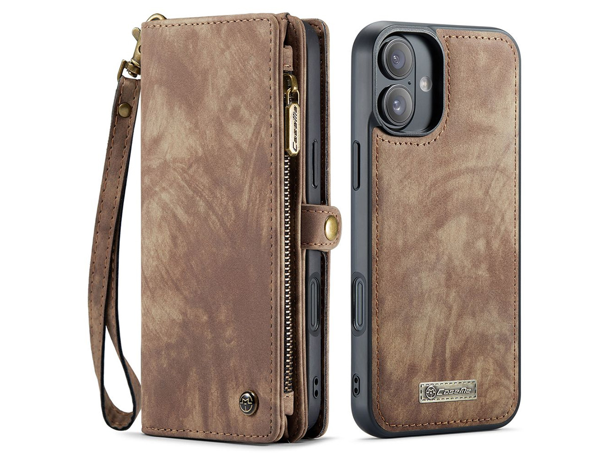 CaseMe 2in1 Wallet Case met Ritsvak Bruin - iPhone 16 Hoesje