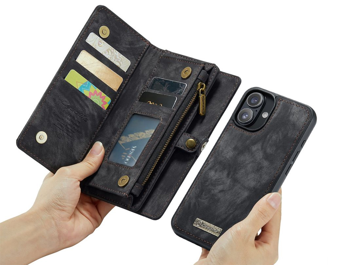 CaseMe 2in1 Wallet Case met Ritsvak Zwart - iPhone 16 Hoesje