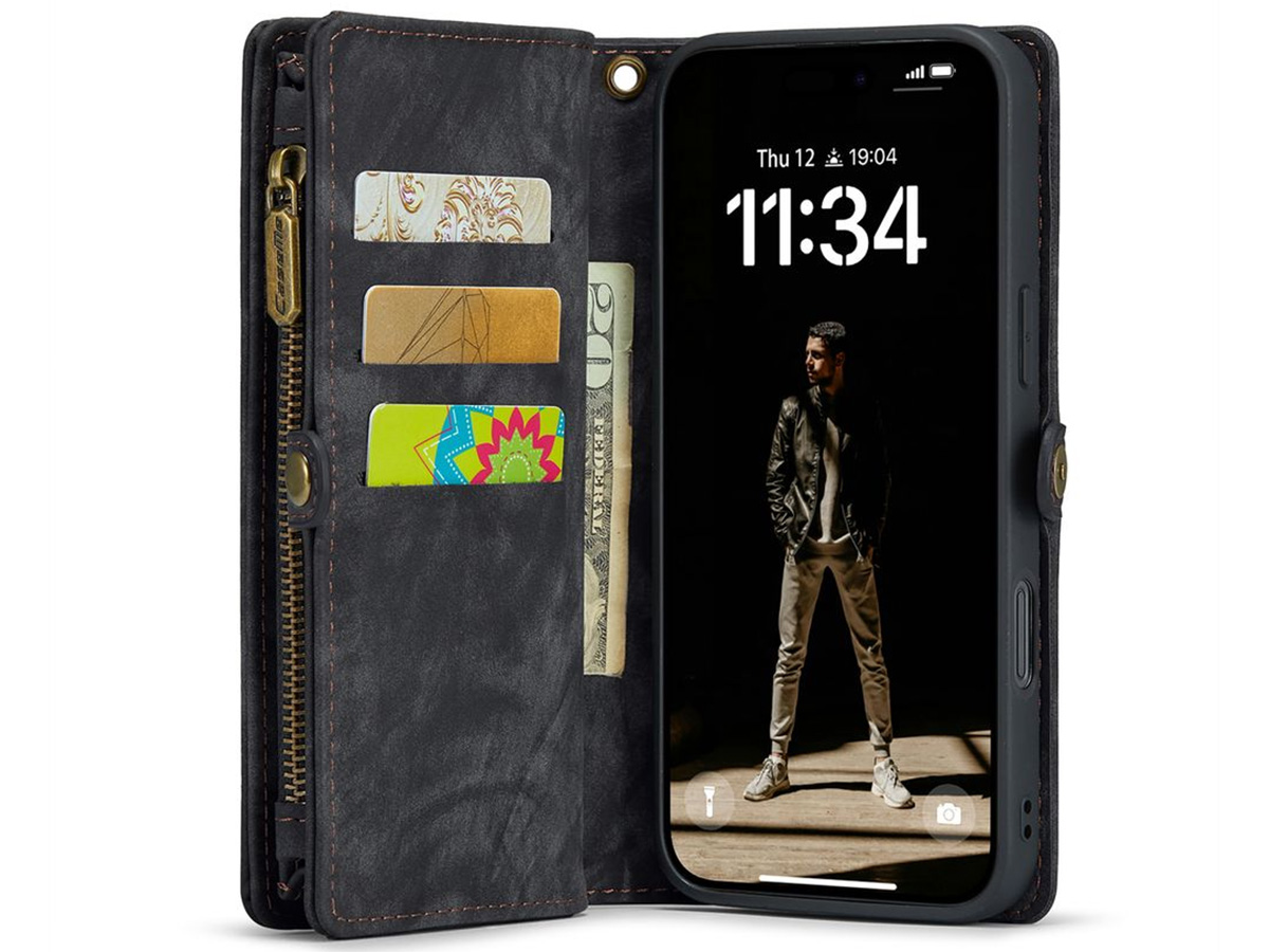 CaseMe 2in1 Wallet Case met Ritsvak Zwart - iPhone 16 Hoesje