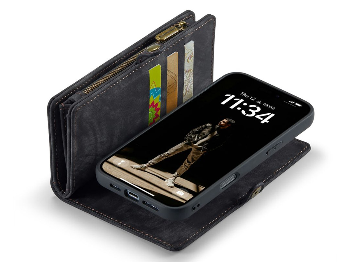 CaseMe 2in1 Wallet Case met Ritsvak Zwart - iPhone 16 Hoesje