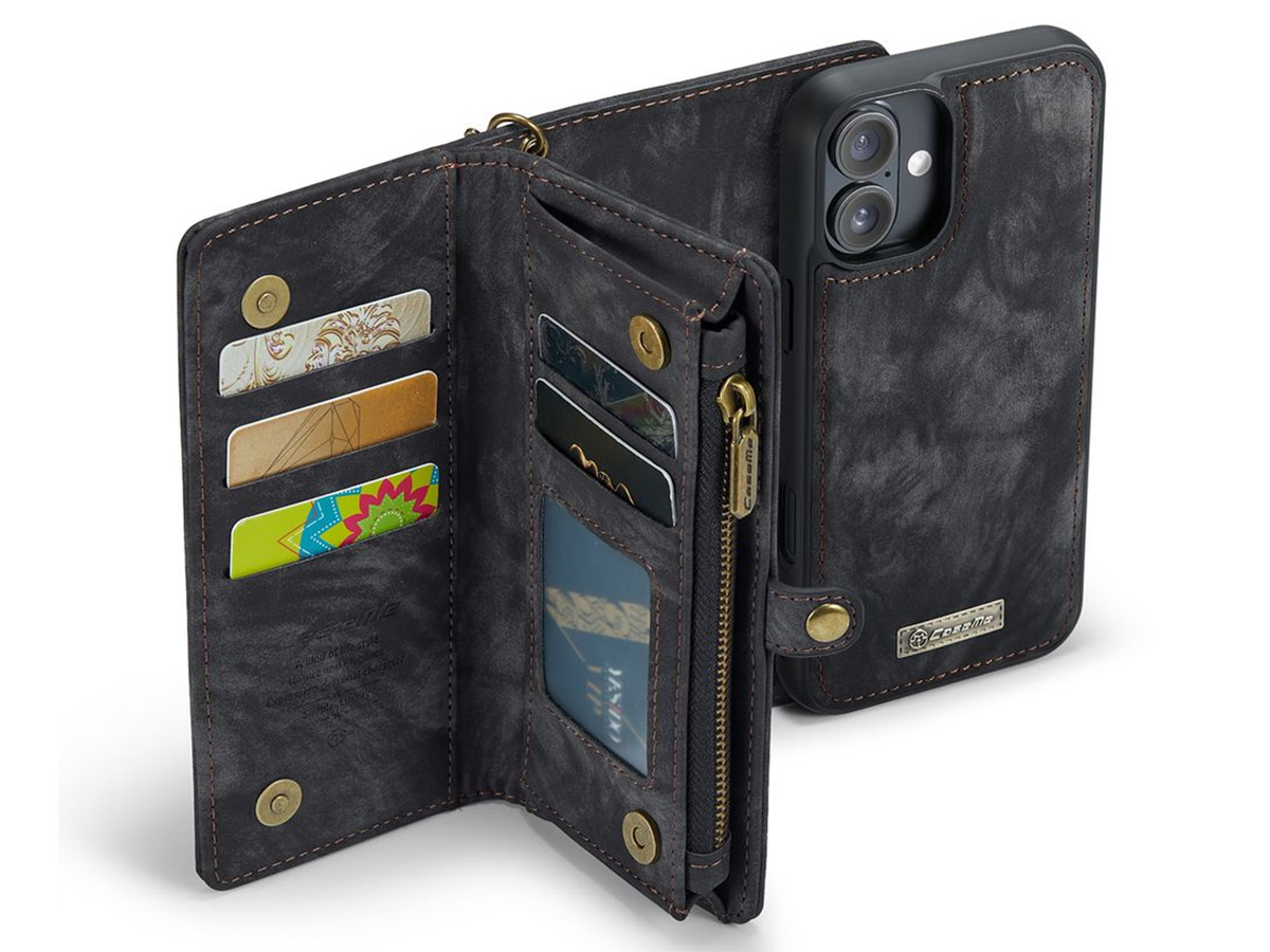 CaseMe 2in1 Wallet Case met Ritsvak Zwart - iPhone 16 Hoesje