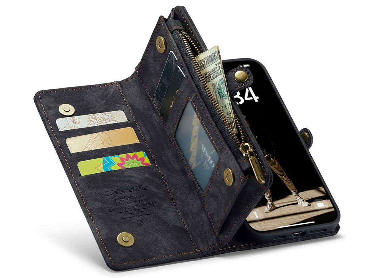 CaseMe 2in1 Wallet Case met Ritsvak Zwart - iPhone 16 Hoesje