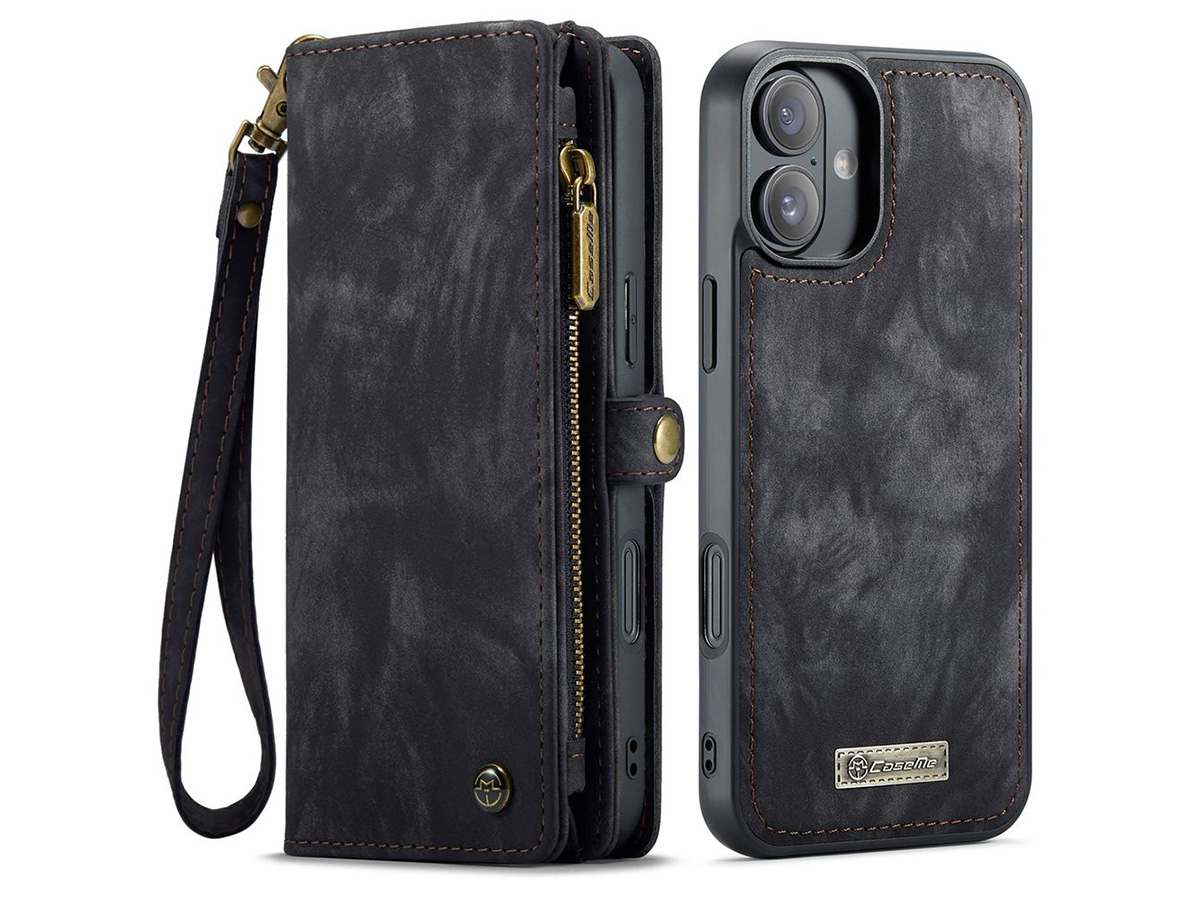 CaseMe 2in1 Wallet Case met Ritsvak Zwart - iPhone 16 Hoesje