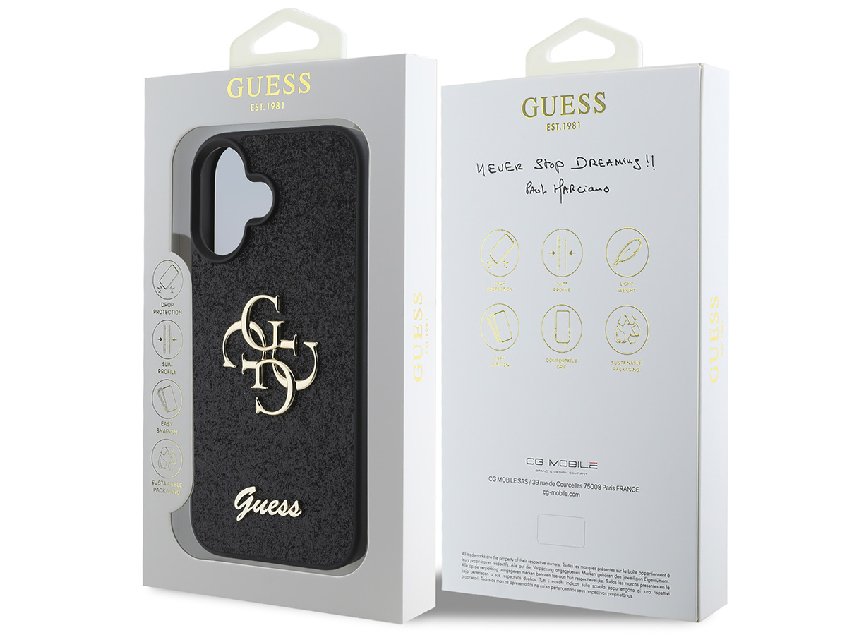 Guess Big 4G Glitter Case Zwart - iPhone 16 hoesje