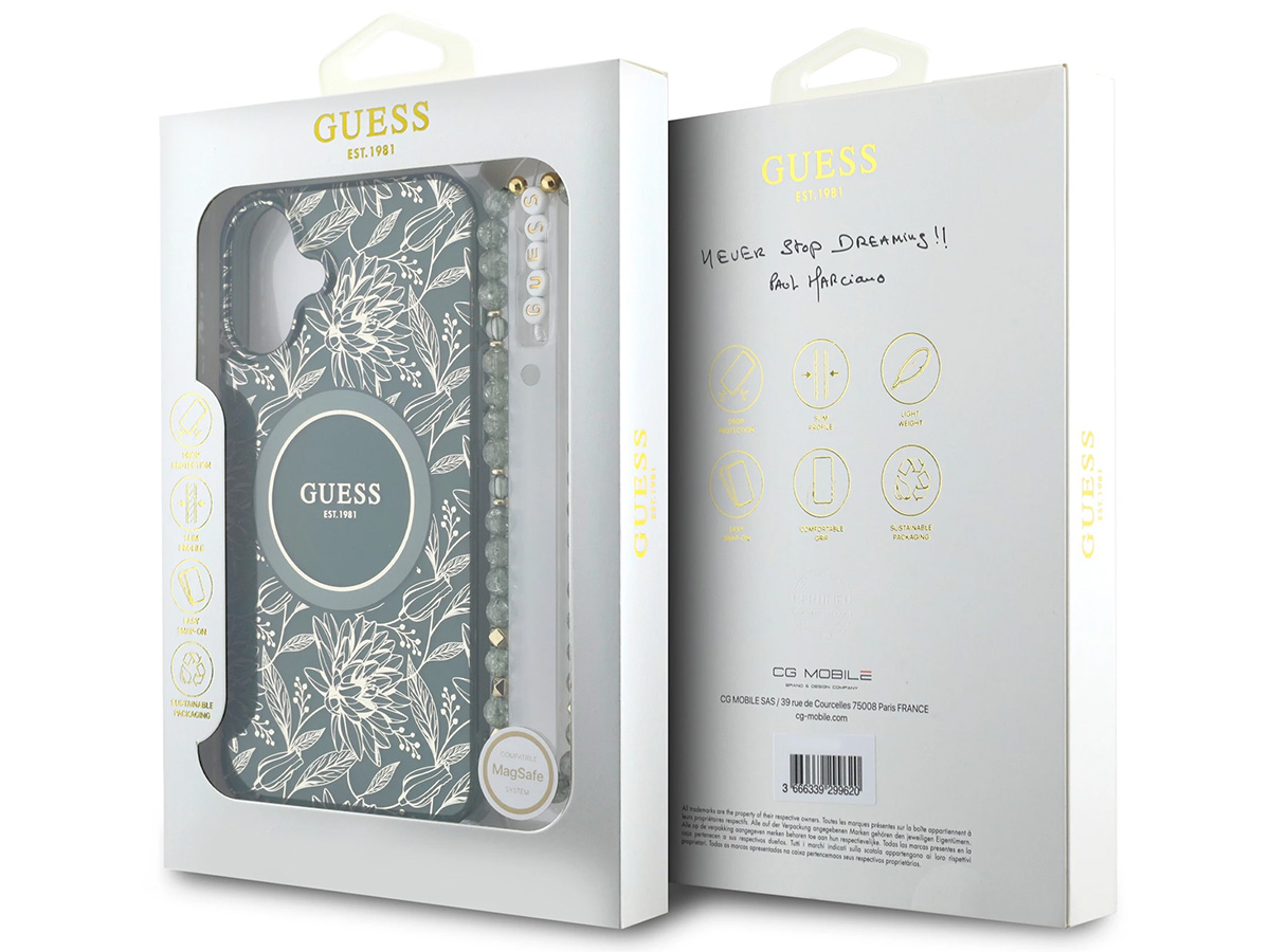 Guess Floral Wristlet Charm Case Groen - iPhone 16 hoesje met Polsbandje