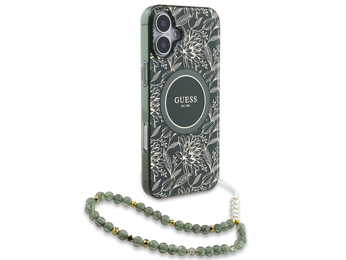 Guess Floral Wristlet Charm Case Groen - iPhone 16 hoesje met Polsbandje