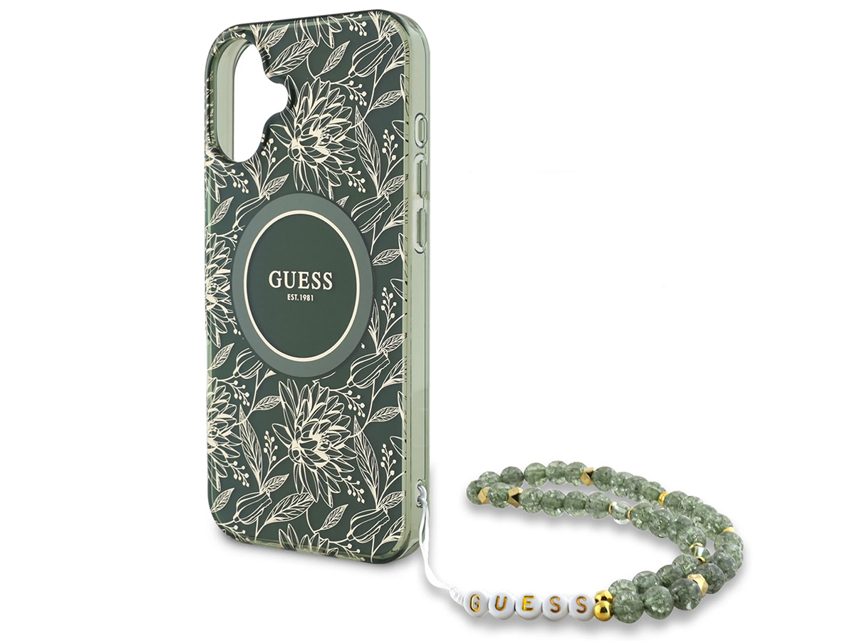 Guess Floral Wristlet Charm Case Groen - iPhone 16 hoesje met Polsbandje