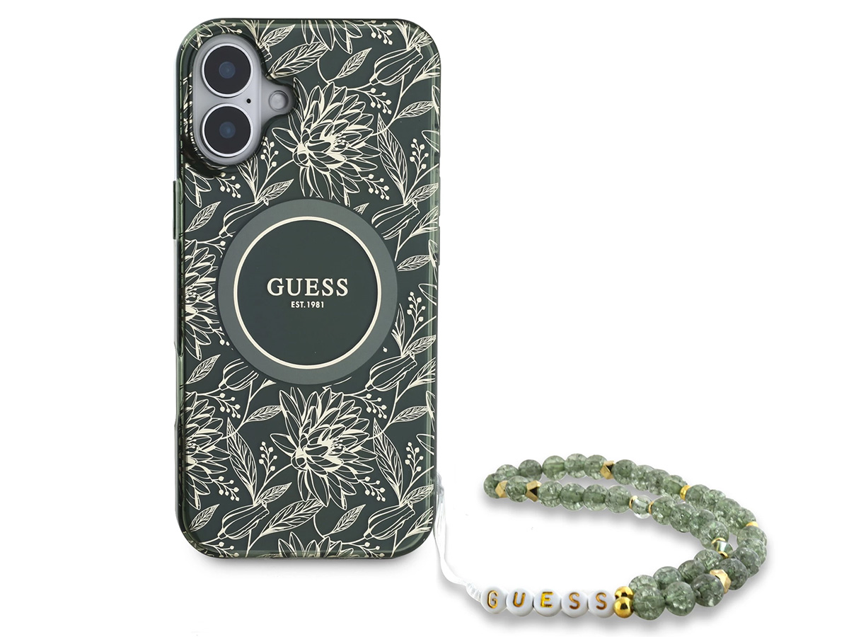 Guess Floral Wristlet Charm Case Groen - iPhone 16 hoesje met Polsbandje