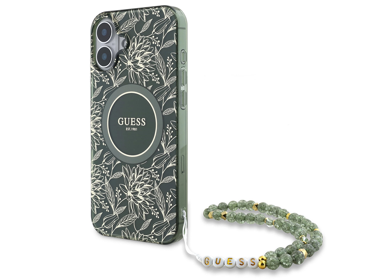 Guess Floral Wristlet Charm Case Groen - iPhone 16 hoesje met Polsbandje