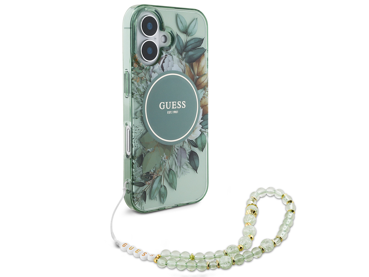 Guess Flower Wristlet Charm Case Groen - iPhone 16 hoesje met Polsbandje