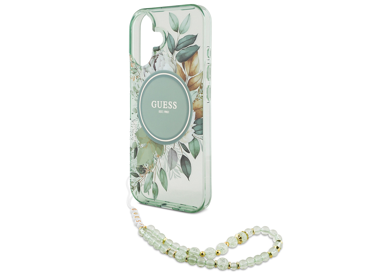 Guess Flower Wristlet Charm Case Groen - iPhone 16 hoesje met Polsbandje