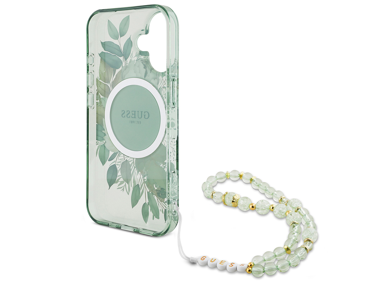 Guess Flower Wristlet Charm Case Groen - iPhone 16 hoesje met Polsbandje