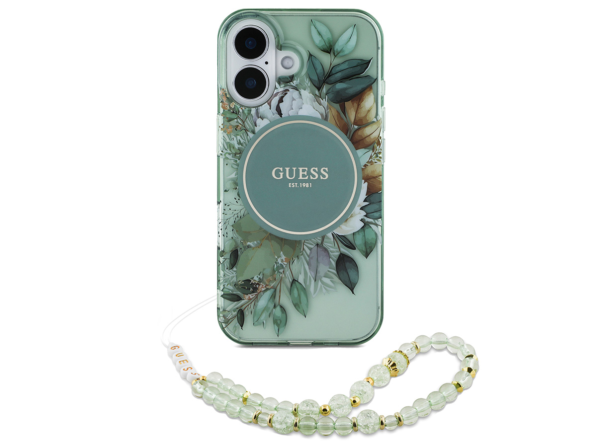 Guess Flower Wristlet Charm Case Groen - iPhone 16 hoesje met Polsbandje