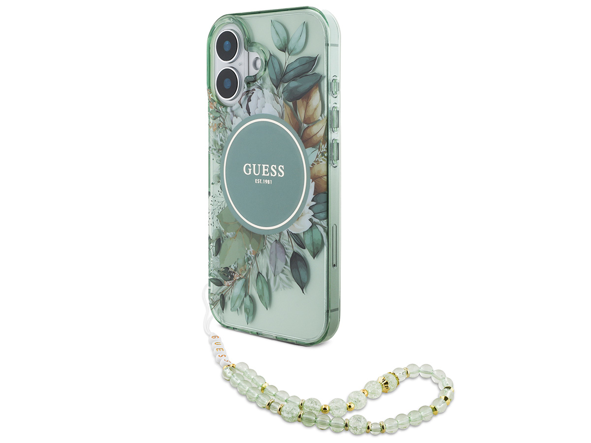 Guess Flower Wristlet Charm Case Groen - iPhone 16 hoesje met Polsbandje