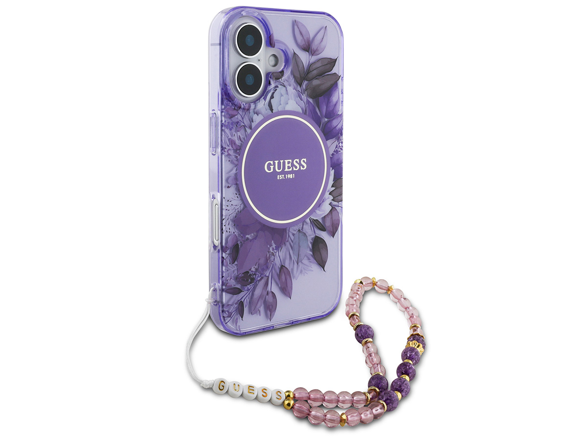 Guess Flower Wristlet Charm Case Paars - iPhone 16 hoesje met Polsbandje