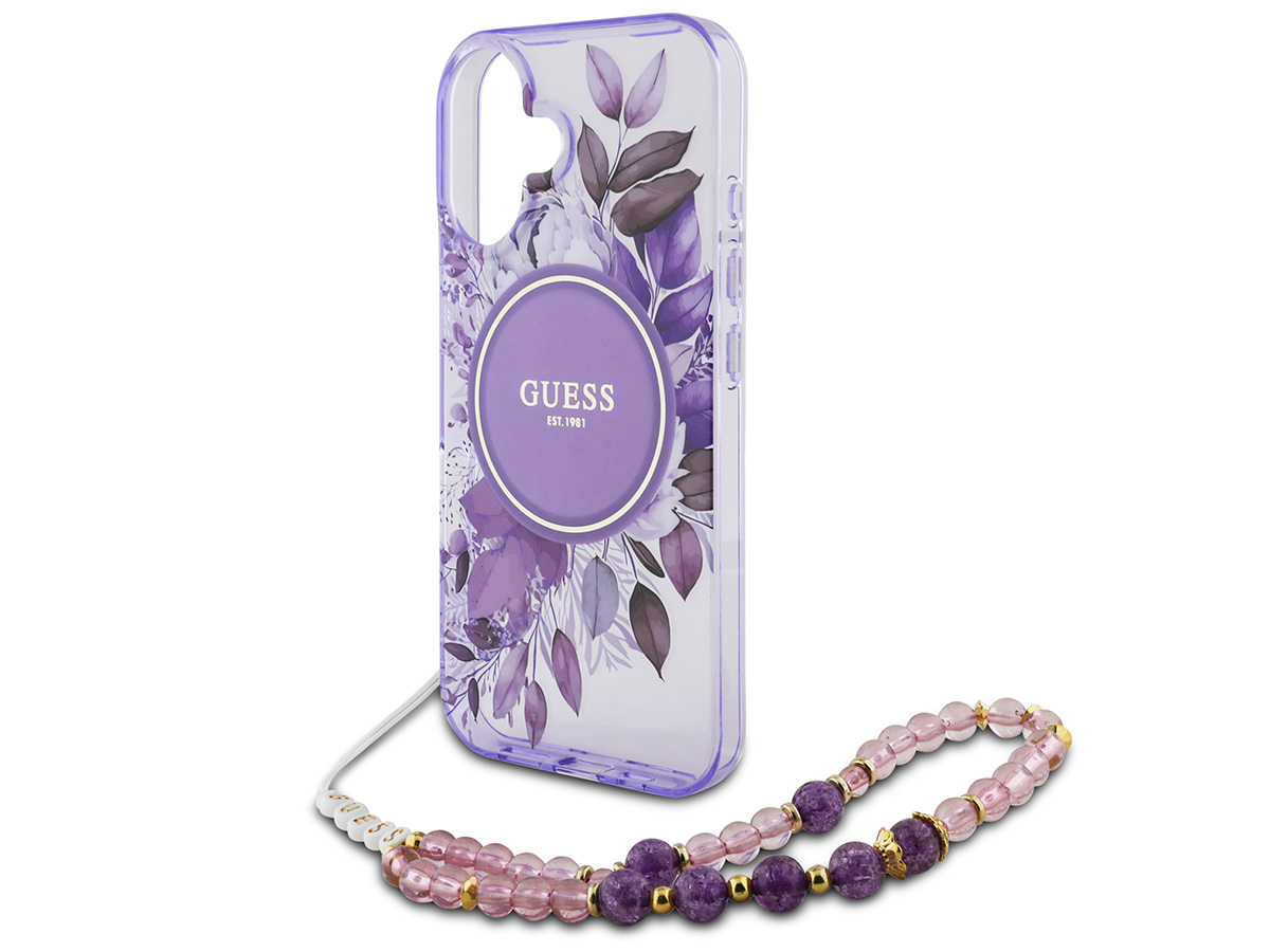 Guess Flower Wristlet Charm Case Paars - iPhone 16 hoesje met Polsbandje