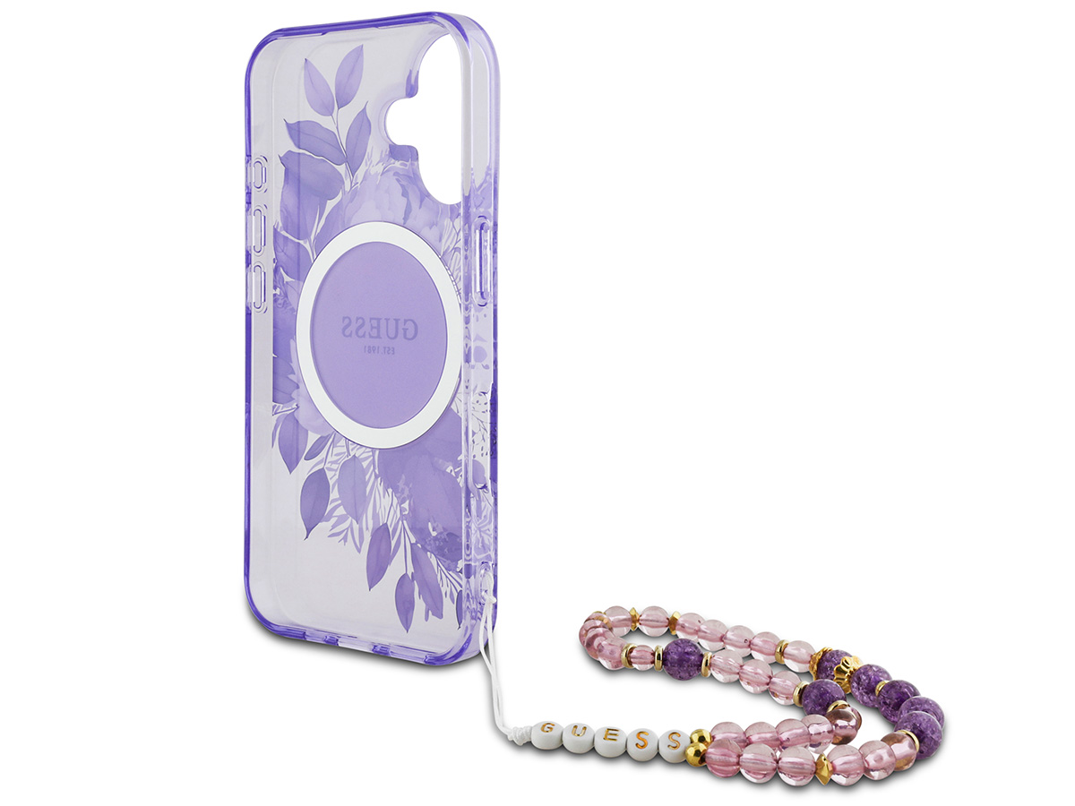 Guess Flower Wristlet Charm Case Paars - iPhone 16 hoesje met Polsbandje