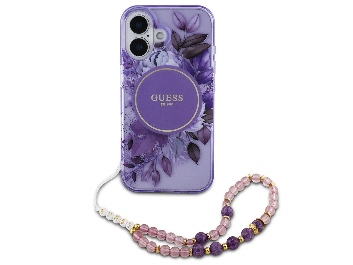 Guess Flower Wristlet Charm Case Paars - iPhone 16 hoesje met Polsbandje