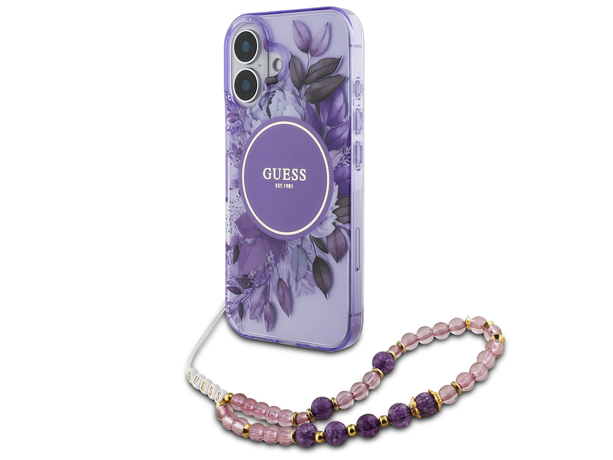 Guess Flower Wristlet Charm Case Paars - iPhone 16 hoesje met Polsbandje