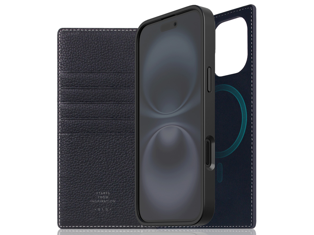 SLG Design D8 2in1 Leather Folio Black Blue - iPhone 16 hoesje