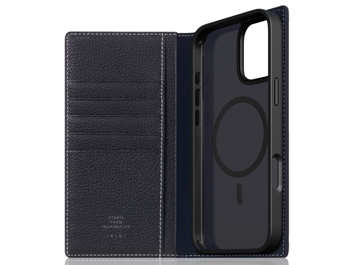 SLG Design D8 2in1 Leather Folio Black Blue - iPhone 16 hoesje