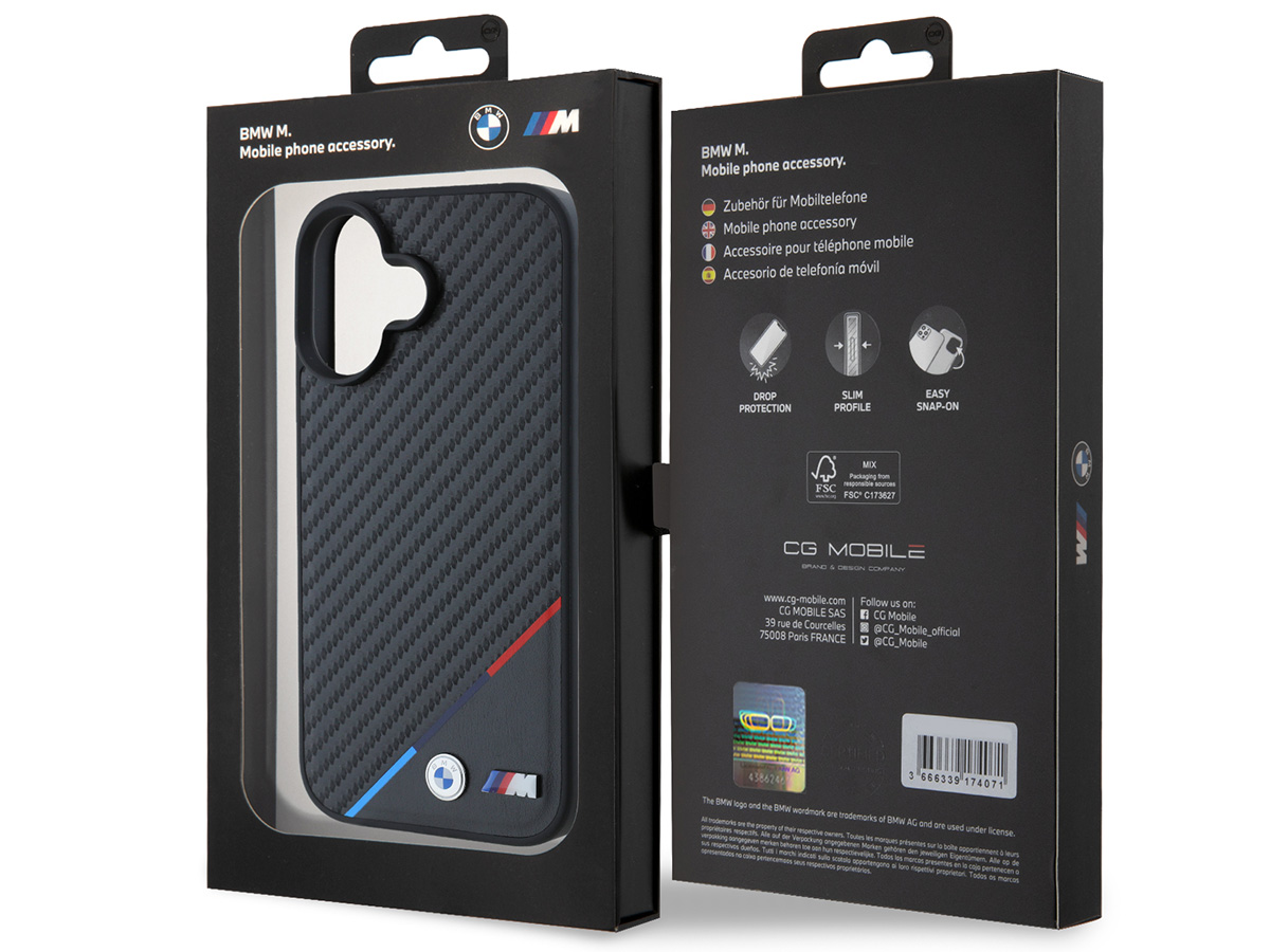 BMW M Colors Carbon-look MagSafe Case - iPhone 16 Plus hoesje