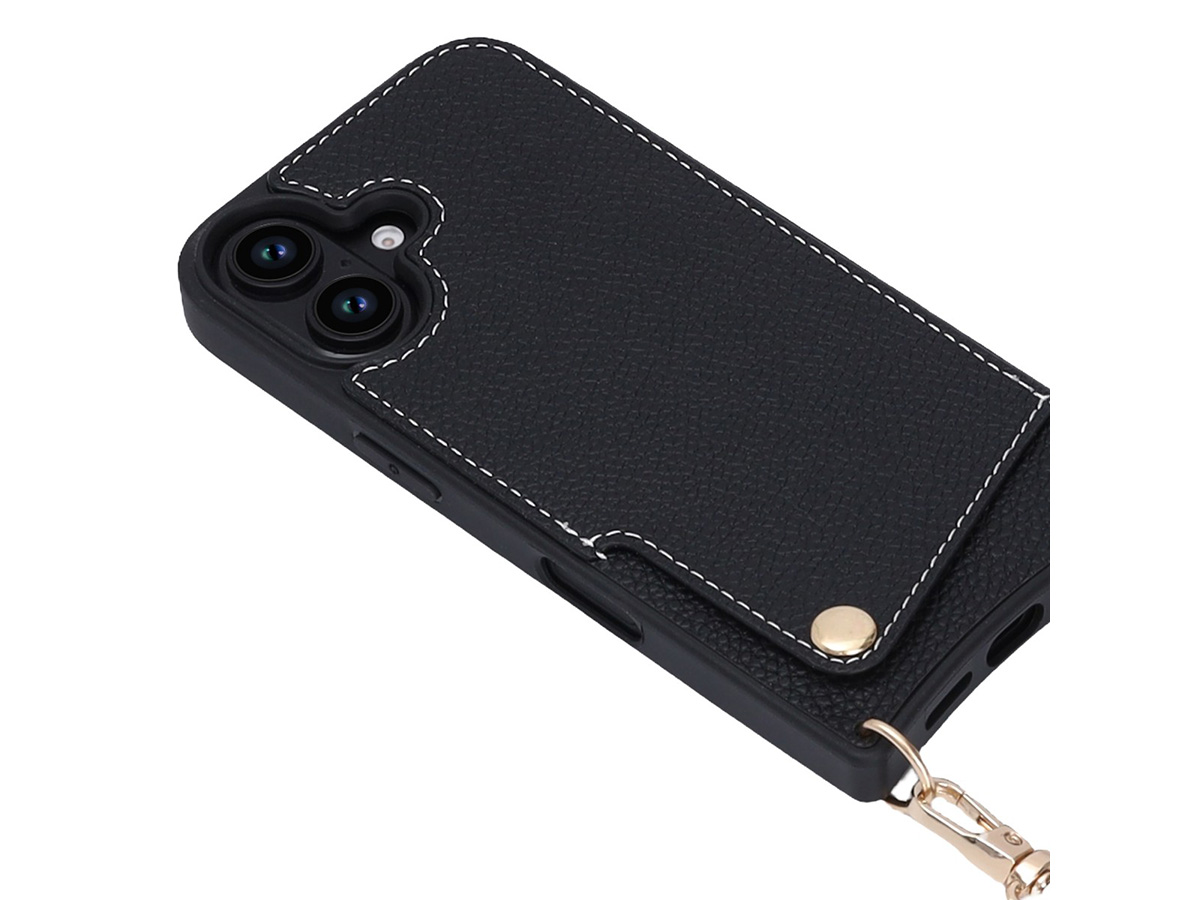 CaseMania Crossbody Card Case met Koord - iPhone 16 Plus Hoesje Zwart