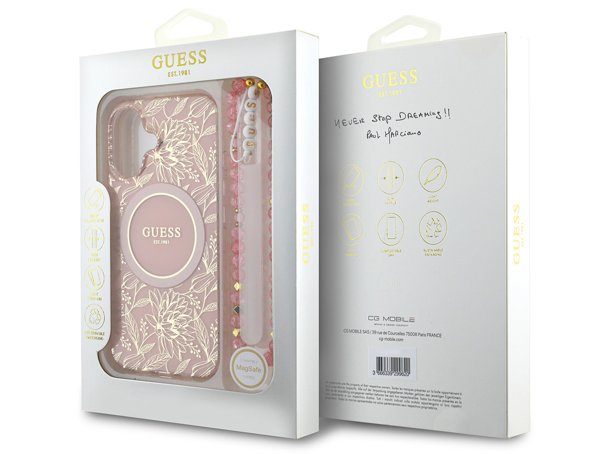 Guess Floral Wristlet Charm Case Roze - iPhone 16 Plus hoesje met Polsbandje