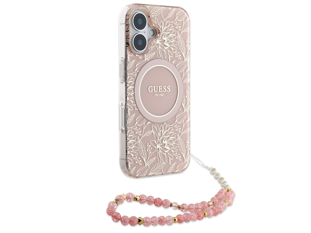 Guess Floral Wristlet Charm Case Roze - iPhone 16 Plus hoesje met Polsbandje