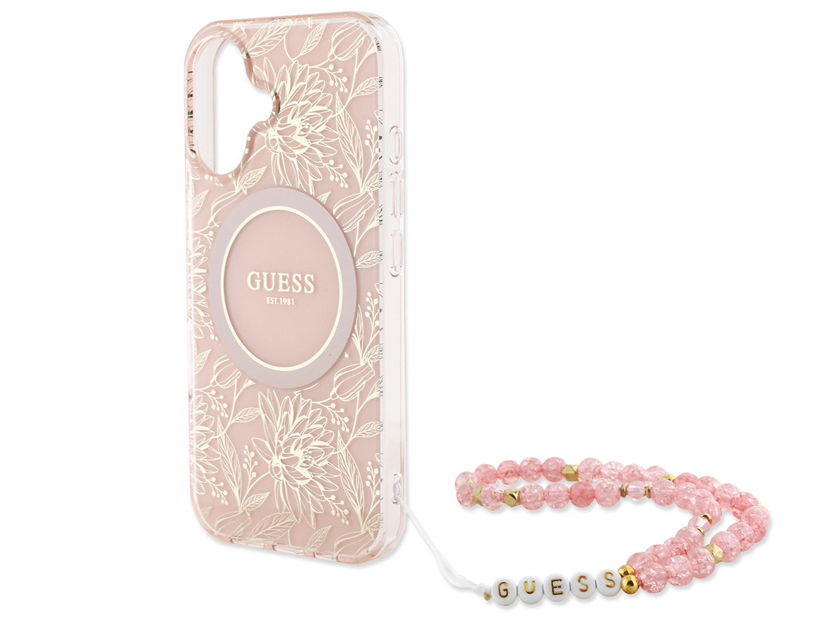 Guess Floral Wristlet Charm Case Roze - iPhone 16 Plus hoesje met Polsbandje