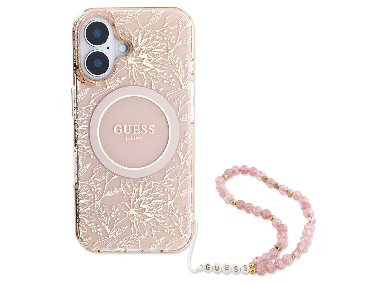 Guess Floral Wristlet Charm Case Roze - iPhone 16 Plus hoesje met Polsbandje