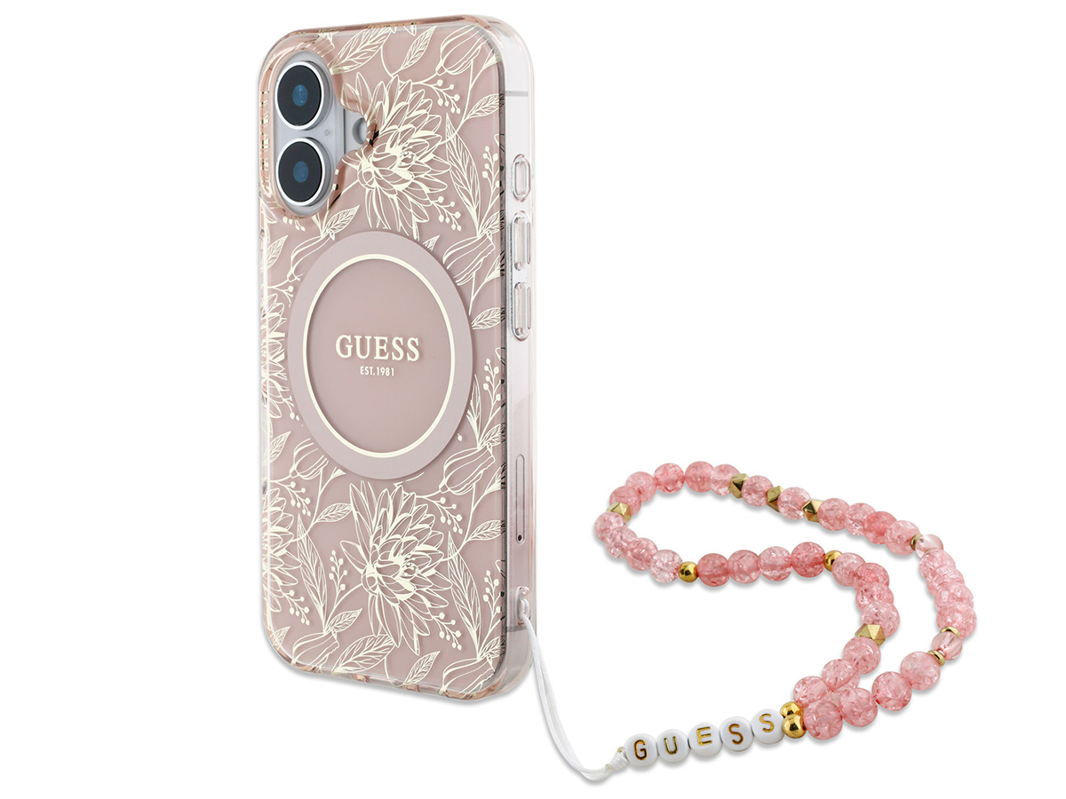 Guess Floral Wristlet Charm Case Roze - iPhone 16 Plus hoesje met Polsbandje