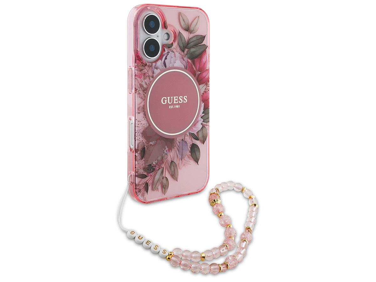 Guess Flower Wristlet Charm Case Roze - iPhone 16 Plus hoesje met Polsbandje