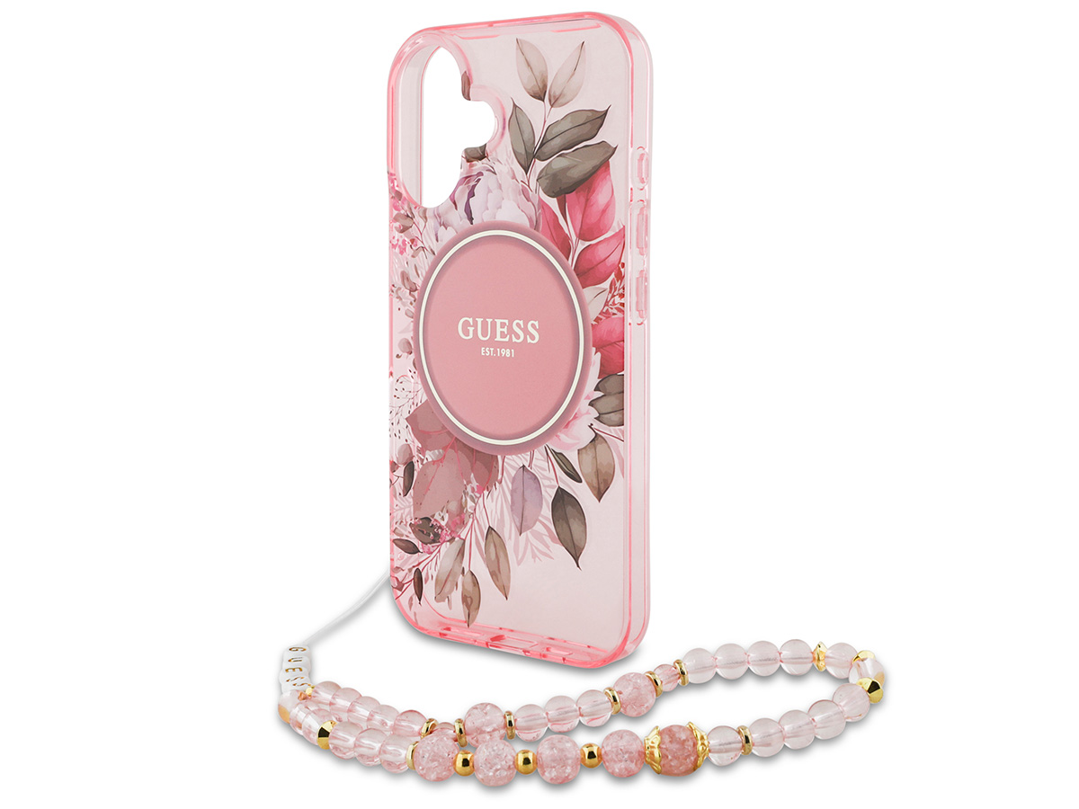 Guess Flower Wristlet Charm Case Roze - iPhone 16 Plus hoesje met Polsbandje