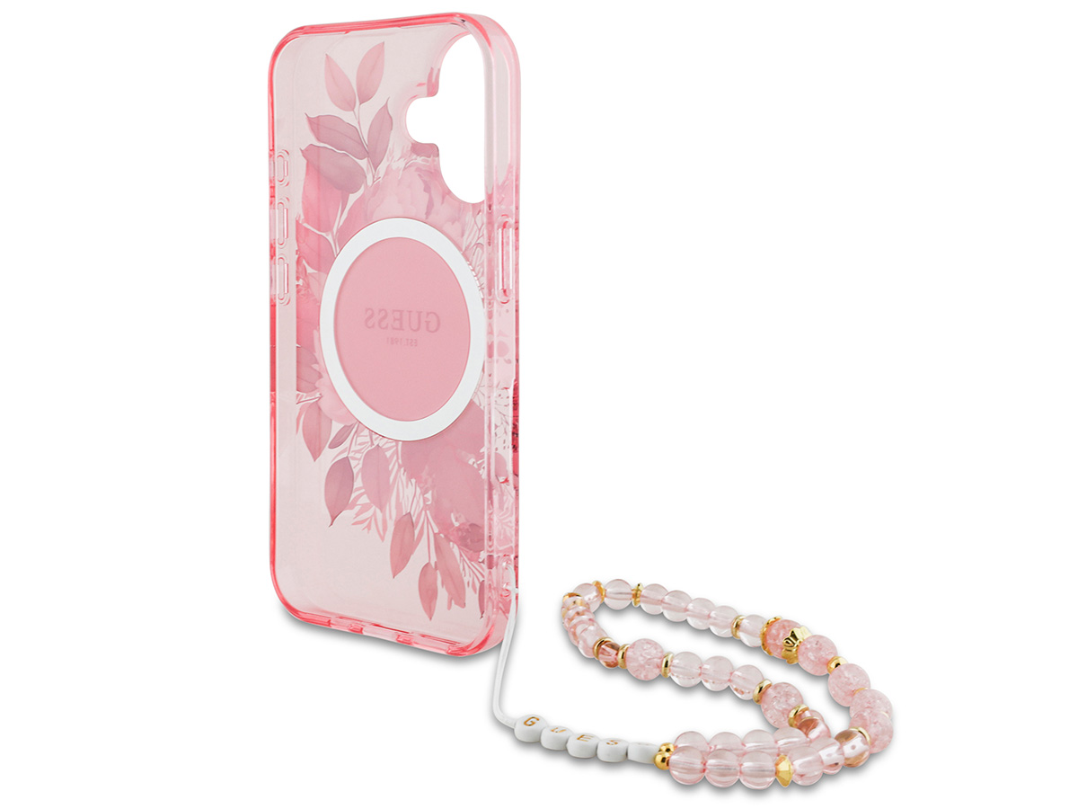 Guess Flower Wristlet Charm Case Roze - iPhone 16 Plus hoesje met Polsbandje