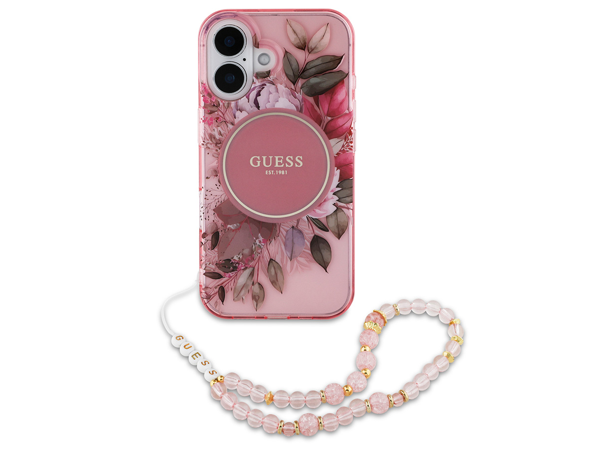 Guess Flower Wristlet Charm Case Roze - iPhone 16 Plus hoesje met Polsbandje