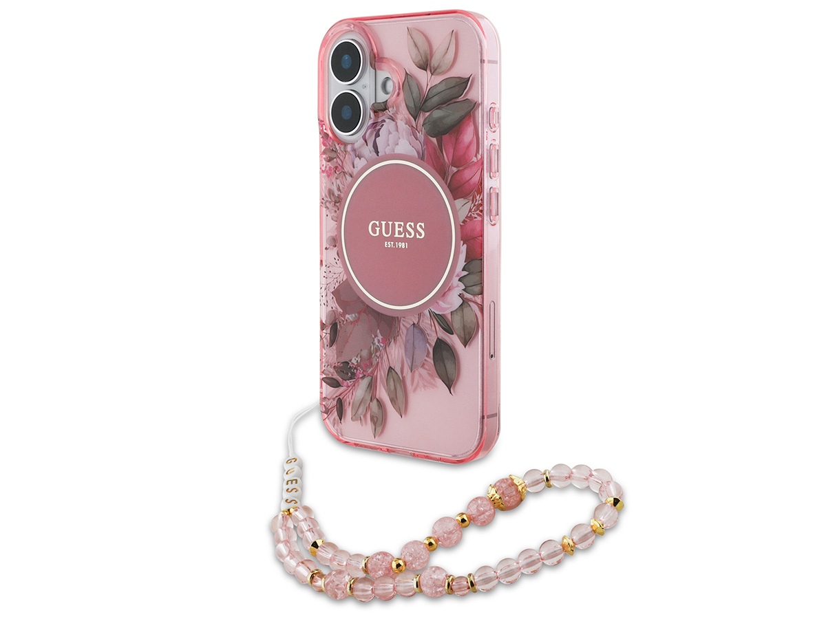 Guess Flower Wristlet Charm Case Roze - iPhone 16 Plus hoesje met Polsbandje