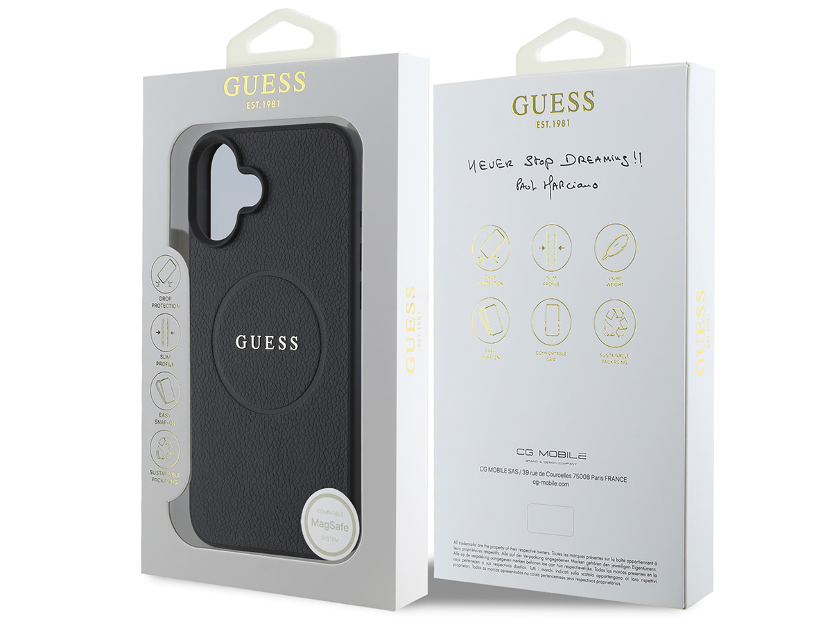 Guess Leatherette MagSafe Case Zwart - iPhone 16 Plus hoesje