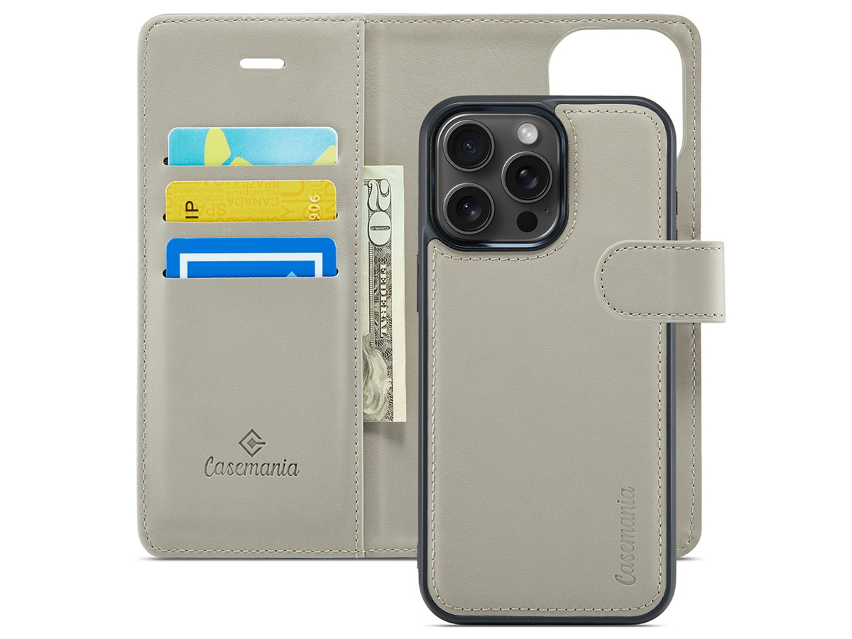 CaseMania 2in1 Magnetic Bookcase Titan Grey - iPhone 16 Pro Hoesje