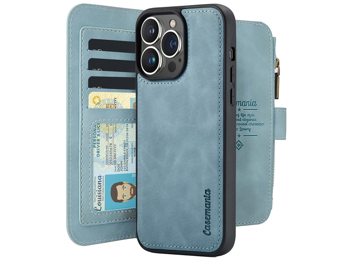 CaseMania 2in1 Wallet Ritsvak Case Aqua - iPhone 16 Pro Hoesje