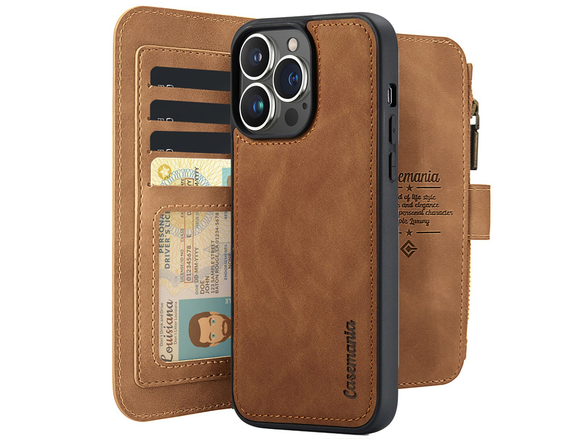 CaseMania 2in1 Wallet Ritsvak Case Cognac - iPhone 16 Pro Hoesje