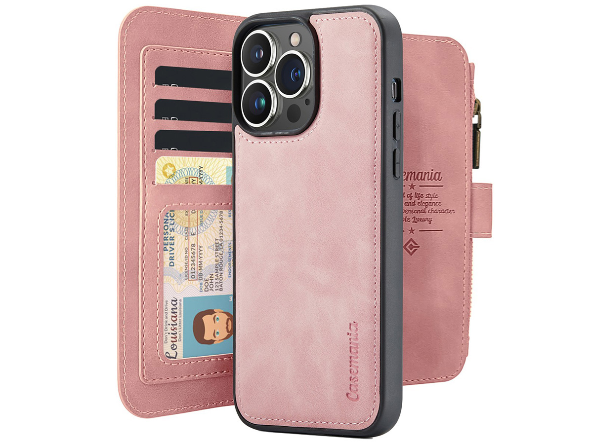 CaseMania 2in1 Wallet Ritsvak Case Roze - iPhone 16 Pro Hoesje